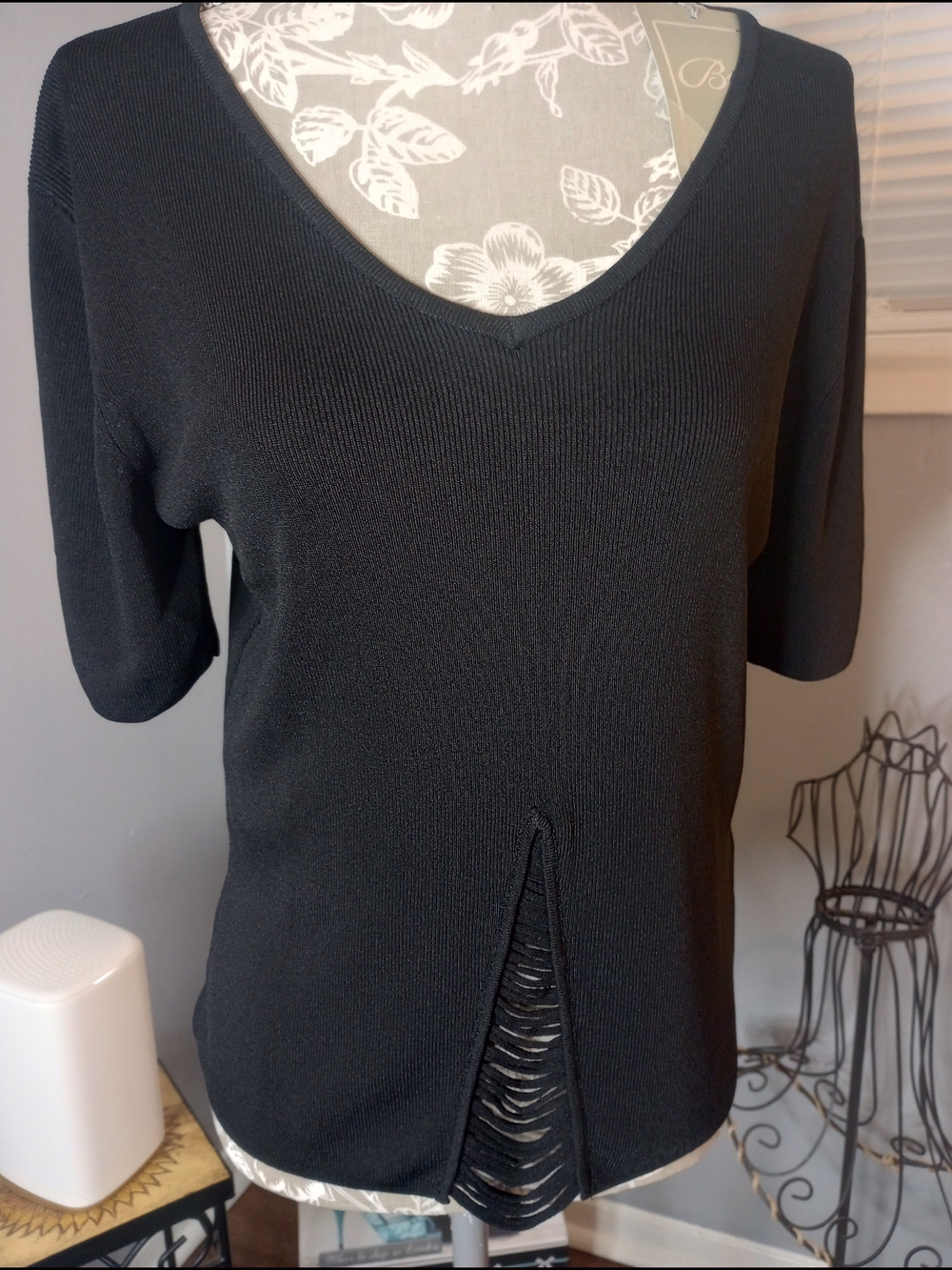 Black V-Neck Knit Top with Front And Sleeves Cutout Detail Size L To XL